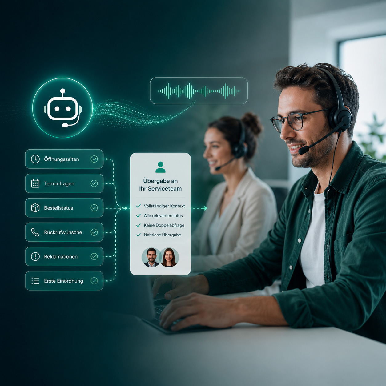 AI Voice Agent unterst&uuml;tzt Kundenservice im Contact Center und &uuml;bergibt Anfragen mit vollst&auml;ndigem Kontext an das Serviceteam.