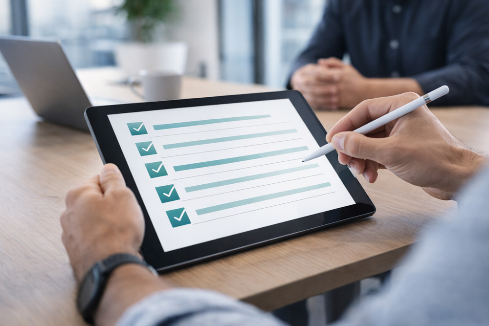 Customer Support Outsourcing Entscheidungscheckliste auf Tablet im Konferenzraum