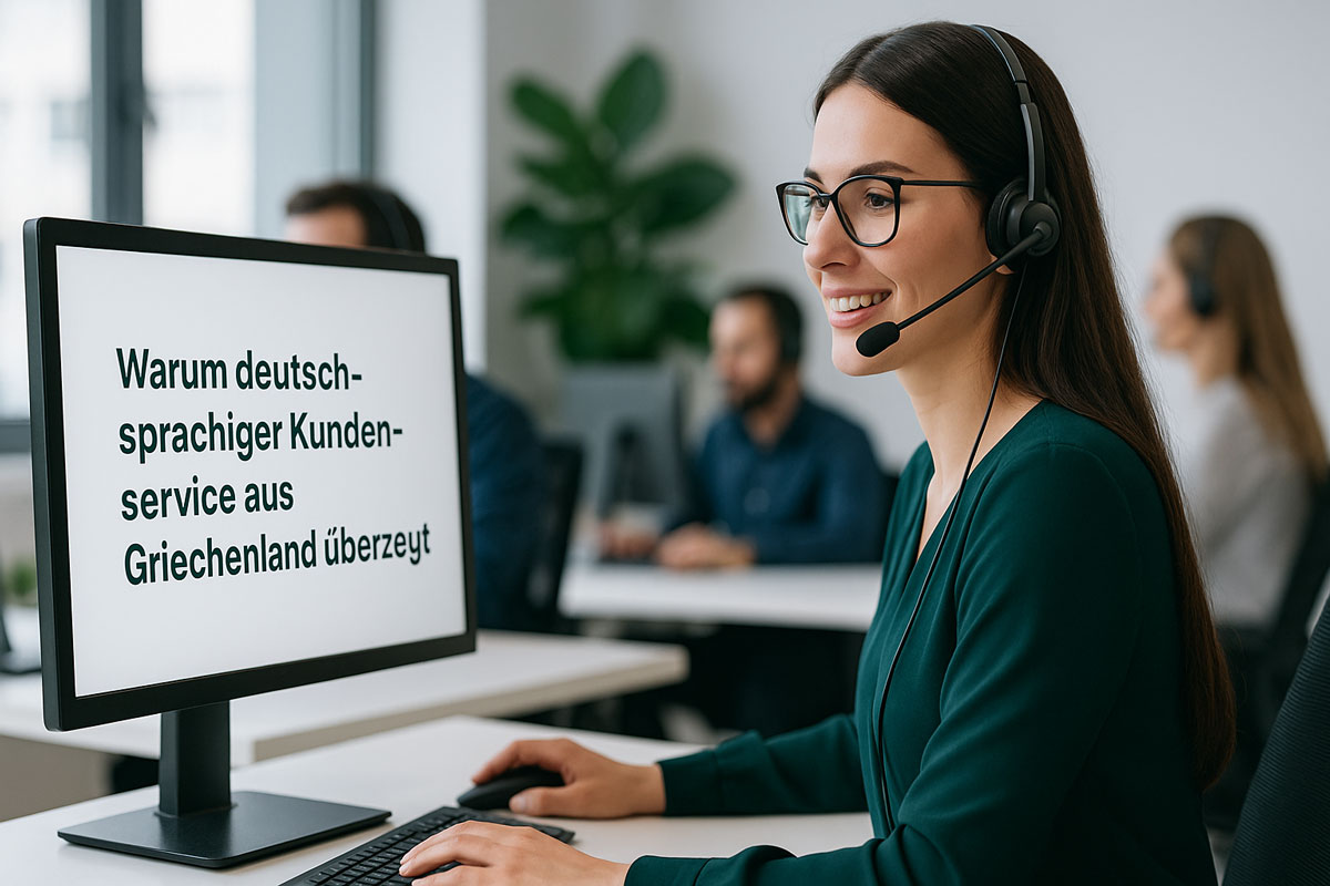 Kundenservice-Mitarbeiterin in Griechenland arbeitet am Computer für deutschsprachige Kunden
