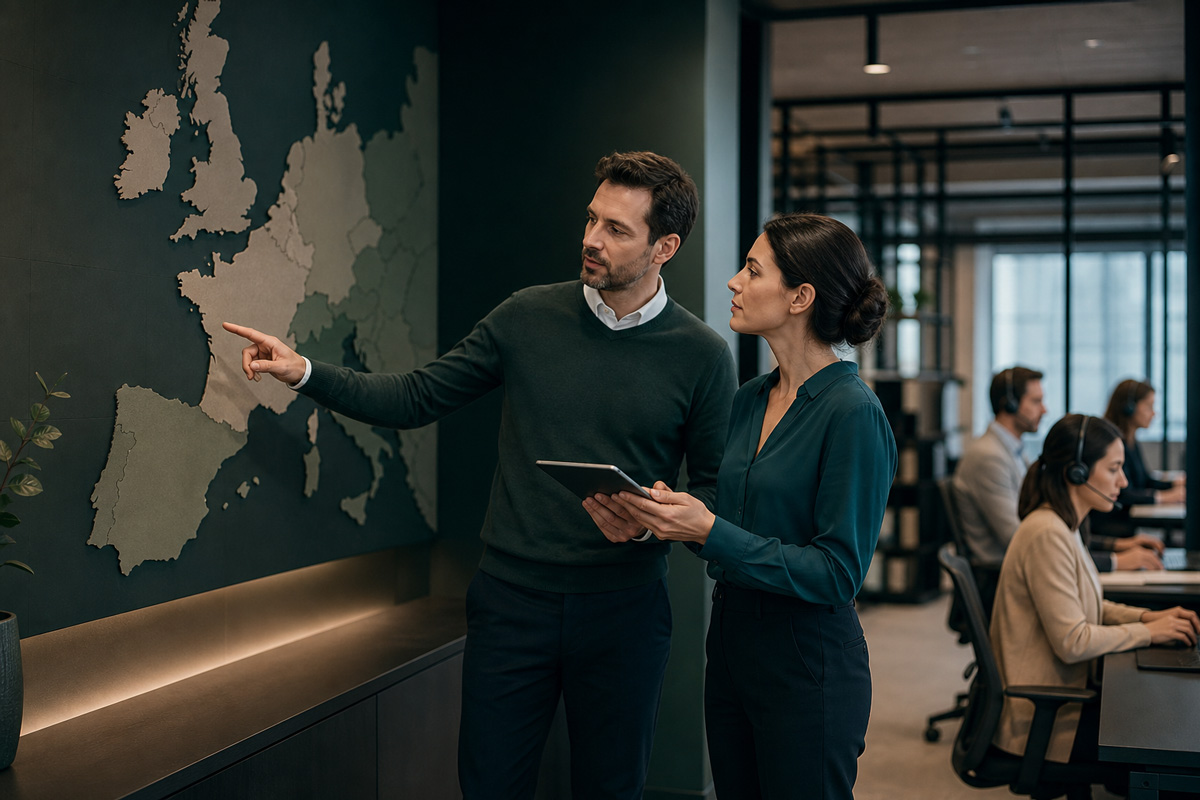 Europ&auml;ische Kundenservice-Szene als Visual f&uuml;r die Wahl der passenden Nearshoring-Standorte