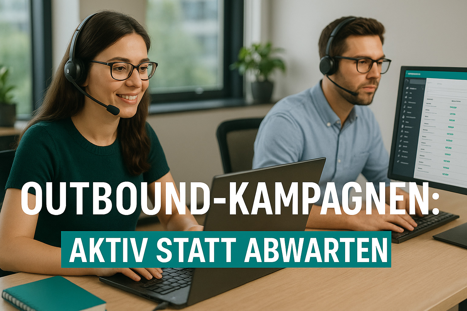 Zwei Kundenservice-Mitarbeitende telefonieren im Rahmen einer Outbound-Kampagne