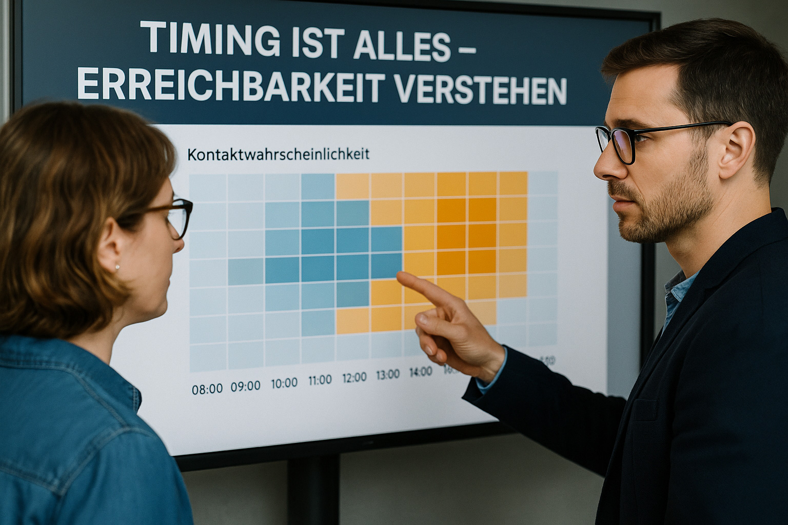 Zwei Personen analysieren Heatmap zur Erreichbarkeit bei Outbound-Kampagnen