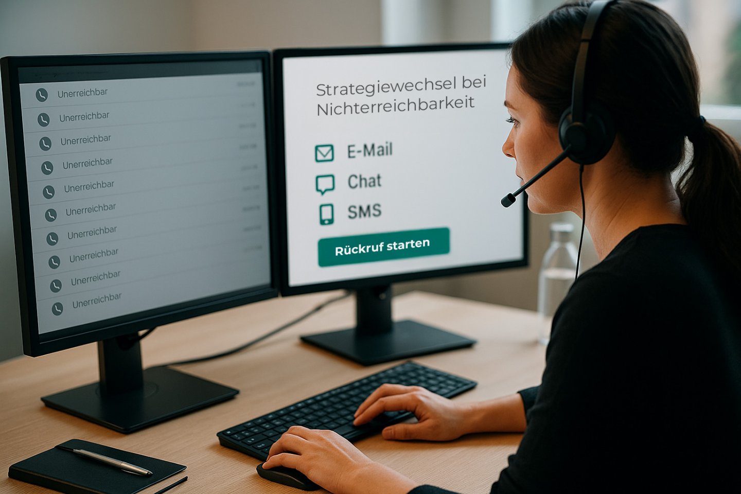 Mitarbeiterin analysiert Nichterreichbarkeit bei Outbound-Kampagnen und plant neue Kontaktstrategie