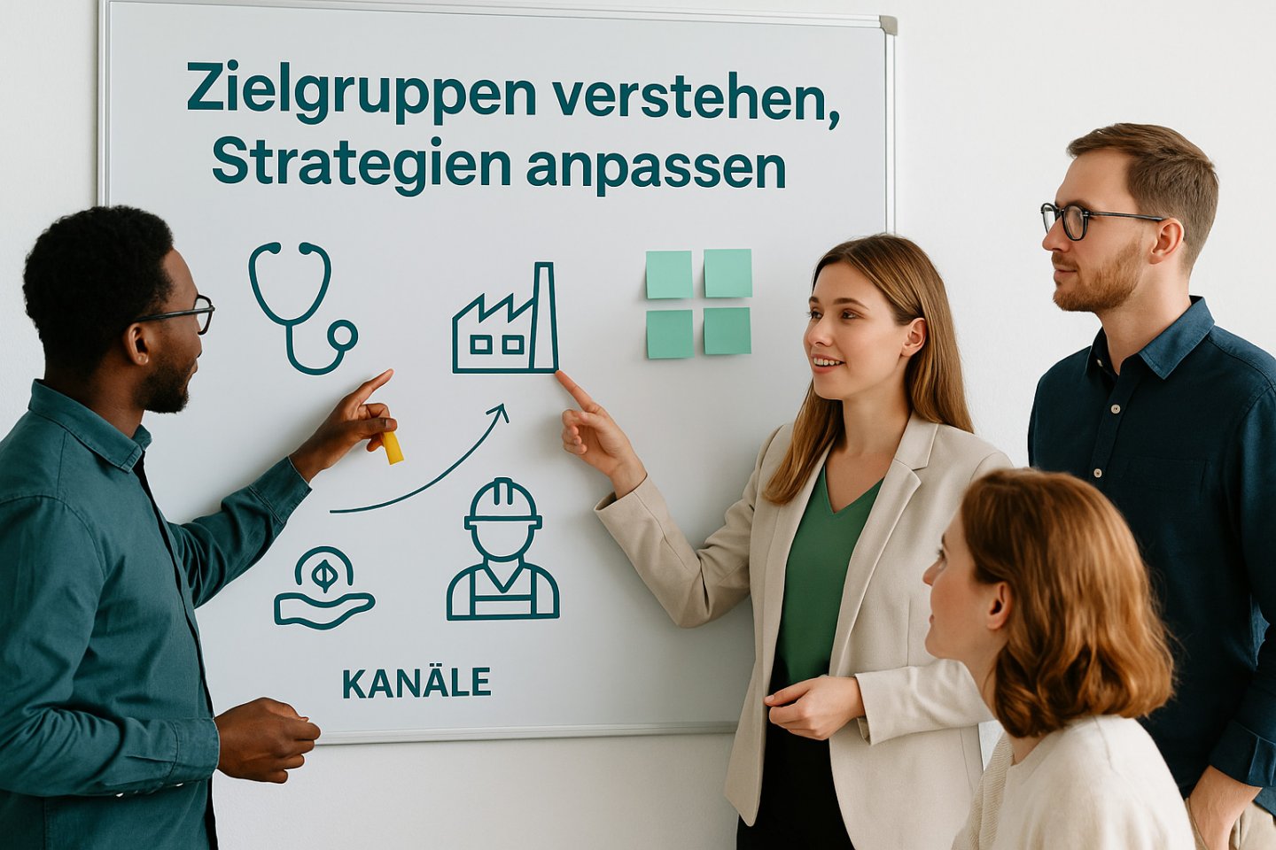 Team analysiert Zielgruppensegmente und Kanäle für Outbound-Kampagnen am Whiteboard