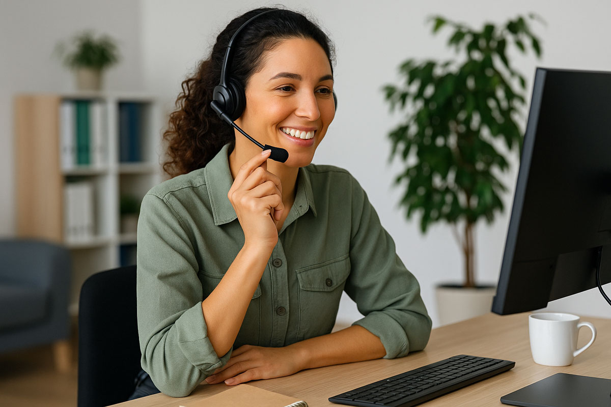 Freundliche Kundenservice-Mitarbeiterin mit Headset zeigt Service-Mentalität
