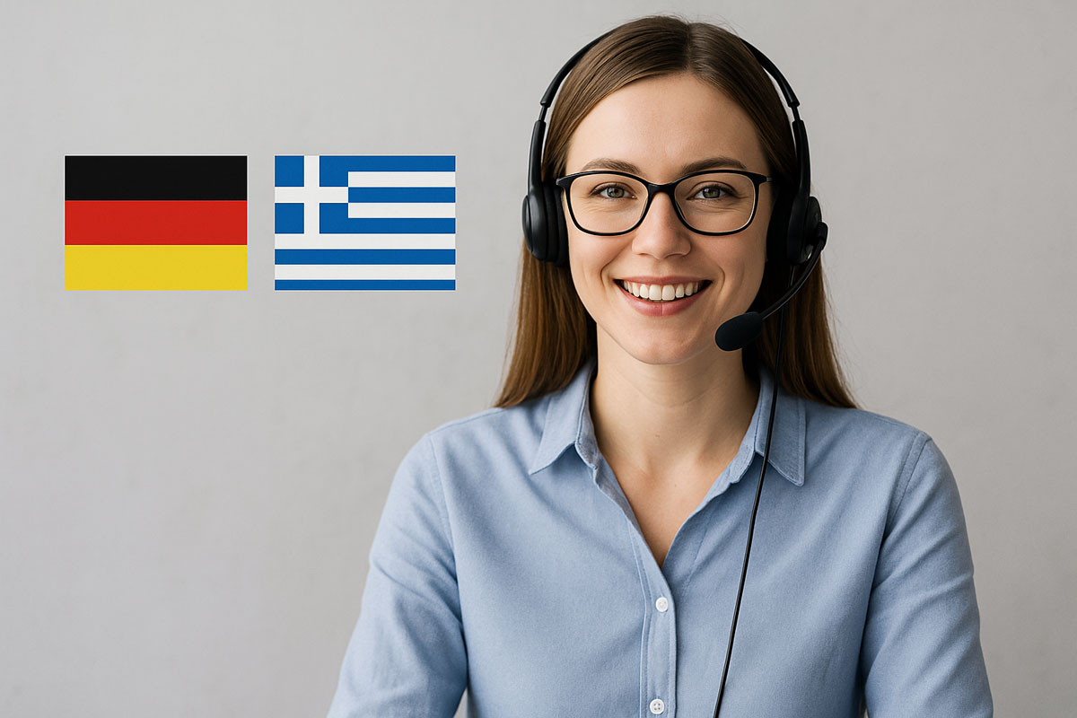 Kundenservice-Mitarbeiterin mit Headset spricht fließend Deutsch mit neutralem Akzent