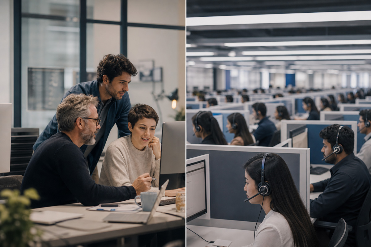 Vergleich von Nearshoring und Offshoring im Kundenservice in einer professionellen Büroszene
